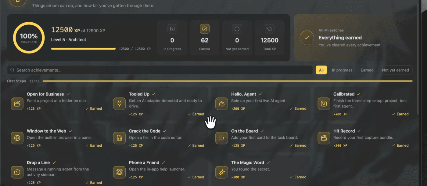 The achievements pane at 100%: 62 earned, level 5 Architect