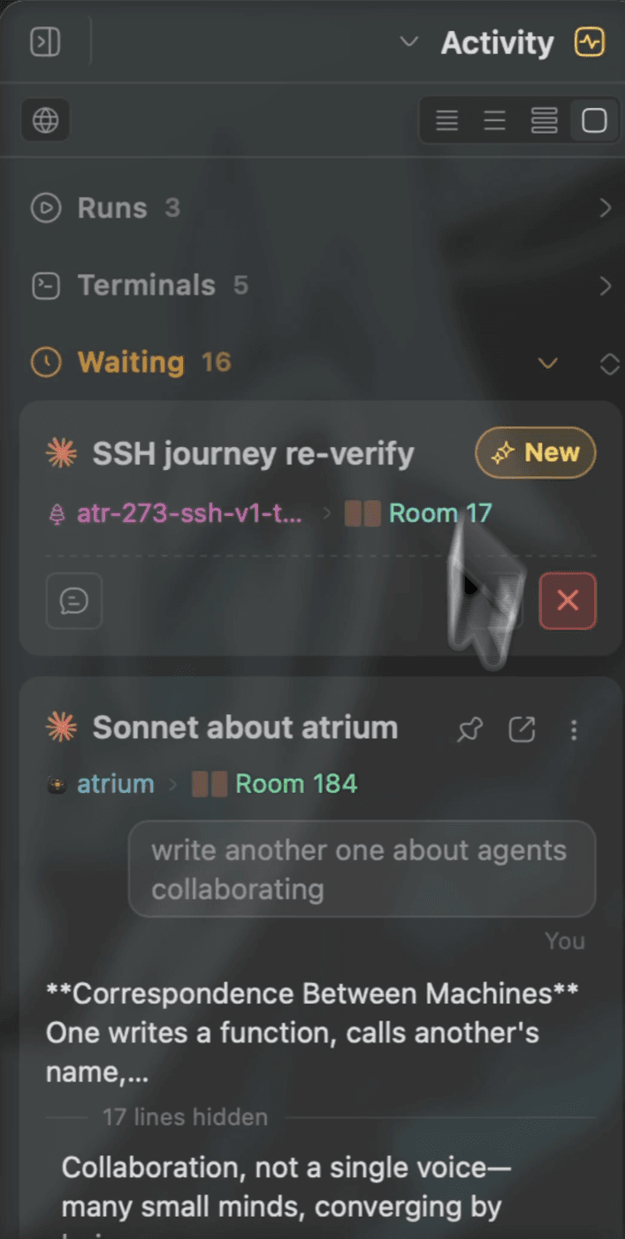 The activity sidebar in detailed view: waiting agents with inline last messages and actions