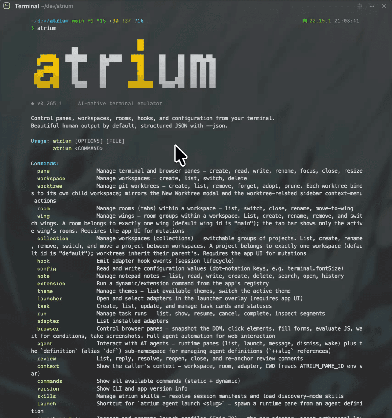 The atrium CLI help screen listing commands for panes, workspaces, worktrees, rooms, tasks, and agents
