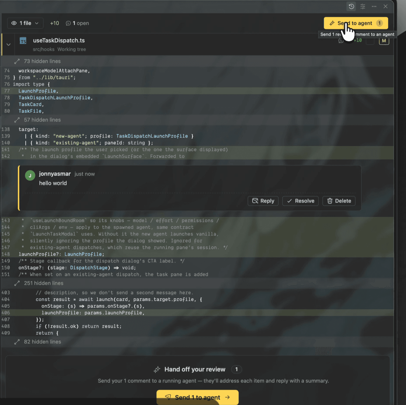 An inline review comment on a diff with a Send to agent button and hand-off card