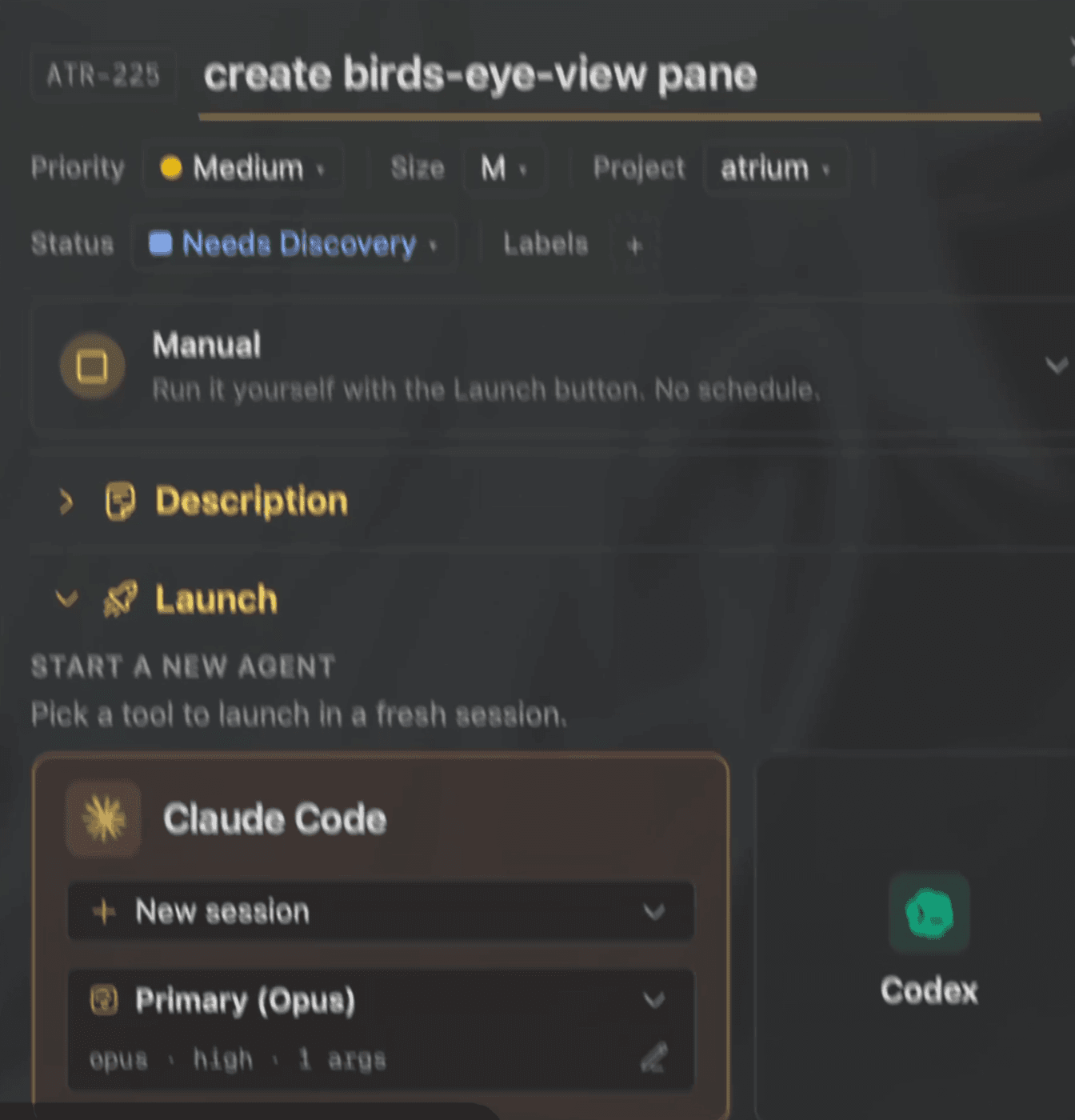 A task card's launch section: pick Claude Code or Codex, a session, and a launch profile