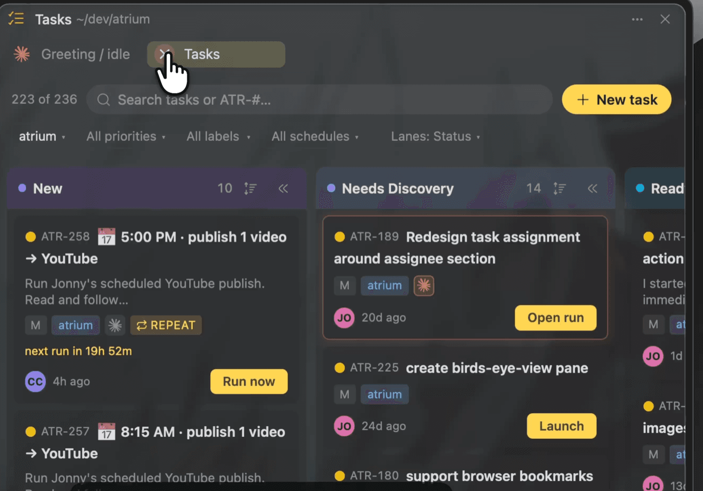 The task board: scheduled repeating tasks with next-run times and Run now buttons