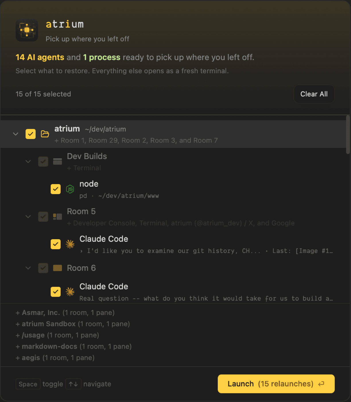 The restore chooser offering 14 AI agents and a build process for relaunch
